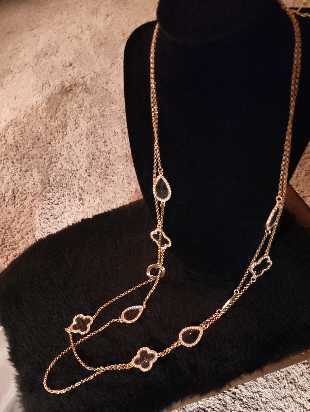 Designer Inspired Gold-plated Long Layered Necklace Teardrop and Clover Motifs